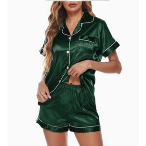 Womens Silk Satin Pajamas Set Loungewear Button-Down Pj Sets (Emerald)